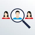 Customer target and human resources concept. Magnifier with male and female faces  inside. People searching with magnifying glass. Royalty Free Stock Photo